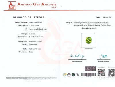 Certificate Peridot cushion cut 3.22 carats, Burma 