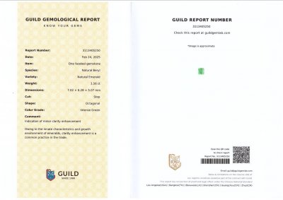 Certificate Emerald Intense green Panjshir in octagon cut 1.56 carats 