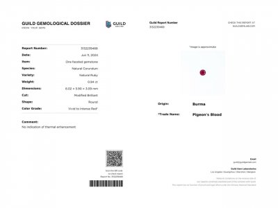 Certificate Unheated Pigeon's Blood ruby round cut 0.94 carats, Burma
