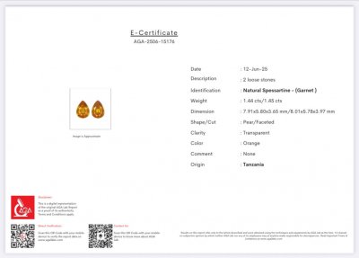 Certificate Pair of spessartines pear cut 2.89 carats, Tanzania