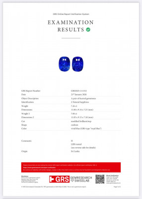 Certificate Pair of sapphires Royal Blue cushion cut 14.26 carats, Sri Lanka 