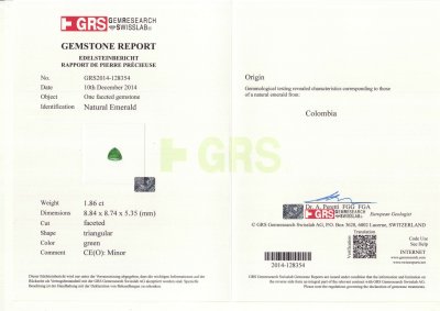 Certificate Colombian emerald 1.86 ct, GRS