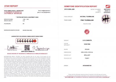 Certificate Round vivd pink tourmaline 2.13 ct, Afghanistan