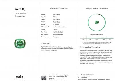 Certificate Cushion-cut greenish-blue tourmaline 11.38 carats 