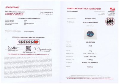 Certificate Cobalt blue spinel in oval cut 6.04 carats, Tanzania