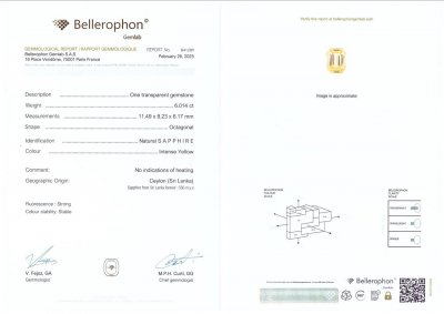 Certificate Unheated Intense Yellow sapphire in octagon cut 6.01 carats, Sri lanka