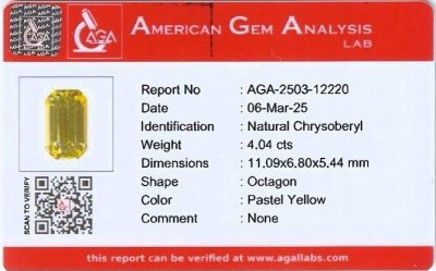 Certificate Yellow chrysoberyl octagon cut 4.04 carats, Madagascar