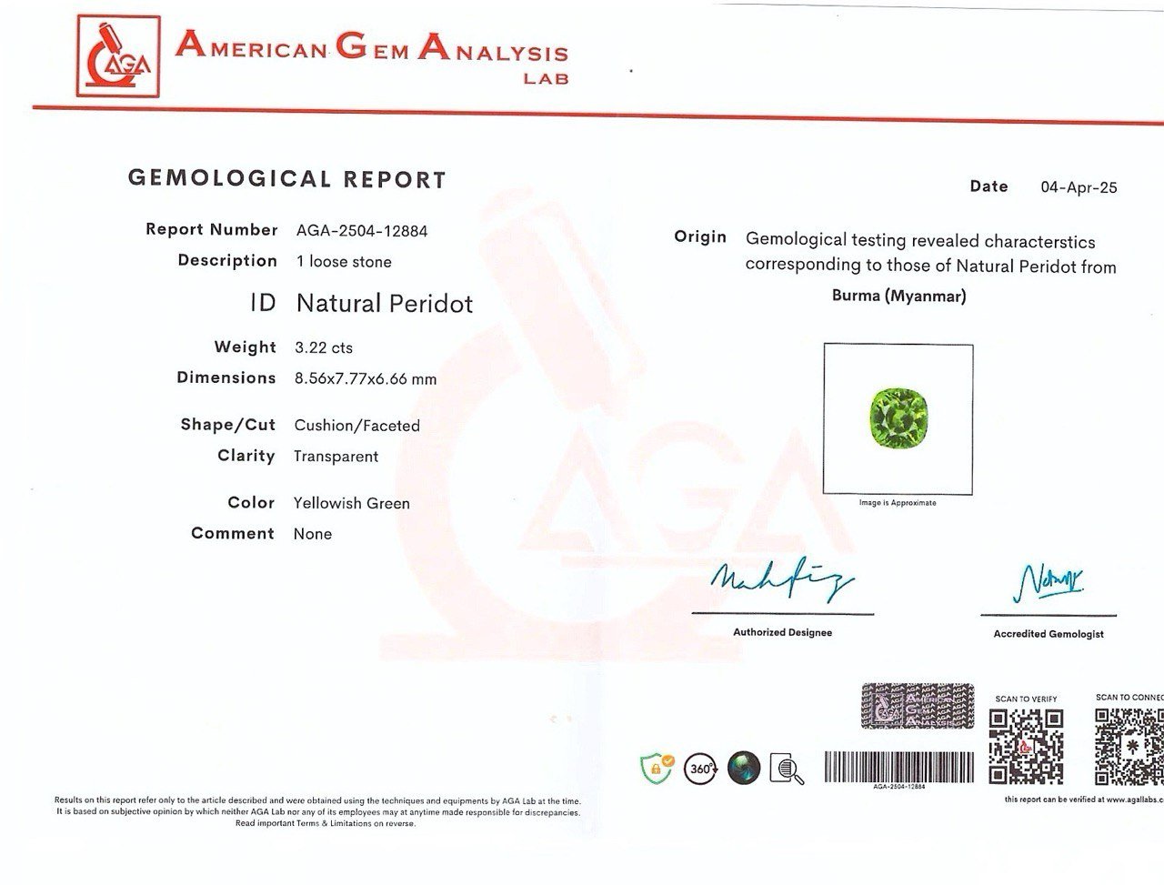 Peridot cushion cut 3.22 carats, Burma  Image №6