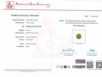 Certificate Peridot cushion cut 3.22 carats, Burma 