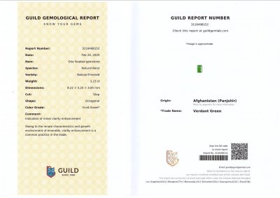 Certificate Panjshir Vivid green octagon cut emerald 1.23 carats
