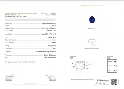 Certificate Unheated Royal Blue sapphire in oval cut 3.23 carats, Sri Lanka