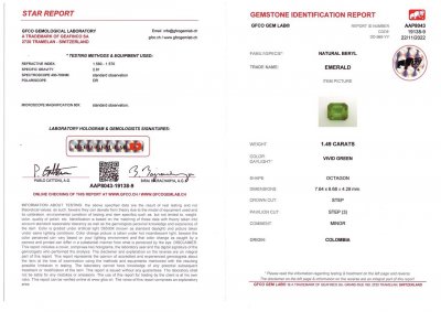 Certificate Vivid Green Emerald from Colombia octagon shape 1.49 ct