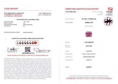 Certificate Vivid pink tourmaline in cushion cut 7.34 ct from Nigeria