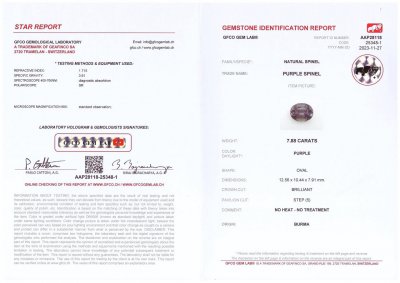 Certificate Intense purple gray spinel in oval cut 7.88 ct, Burma
