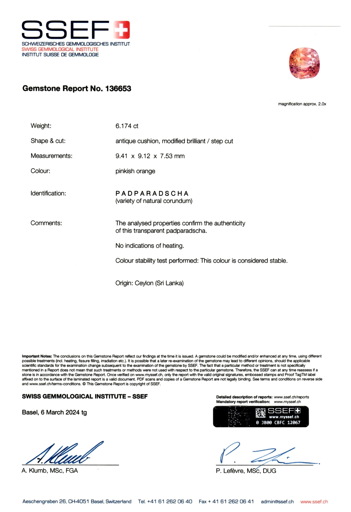 Investment unheated Ceylon Padparadscha sapphire in cushion cut 6.17 ct, SSEF Image №6