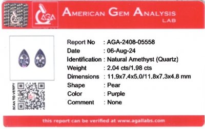 Certificate Pair of pear-cut amethysts, 4.02 carats, Brazil 
