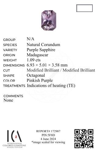 Violet radiant cut sapphire 1.09 carats, Madagascar Image №6