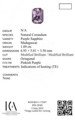 Certificate Violet radiant cut sapphire 1.09 carats, Madagascar