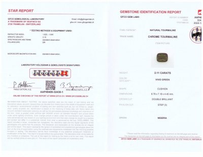 Certificate Chrome tourmaline in cushion cut 2.11 carats, Nigeria