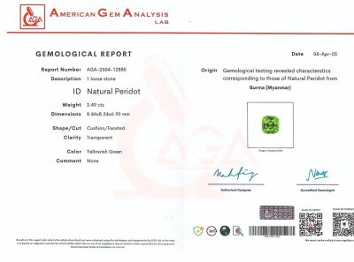 Certificate Peridot cushion cut  3.49 carats, Burma 