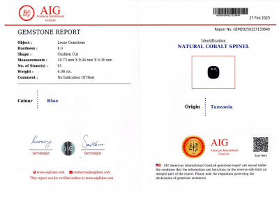 Certificate Cobalt spinel cushion cut 6.08 carats, Tanzania (AIG)