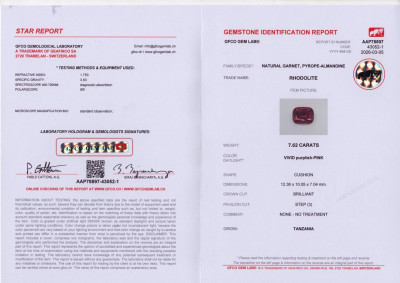 Certificate Garnet rhodolite cushion cut 7.62 carats,Tanzania