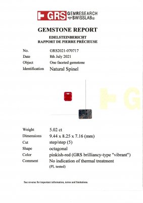 Certificate A rare pink-red spinel Mahenge to cut Octagon 5.02 carats, GRS brilliancy-type Vibrant, ICA Book