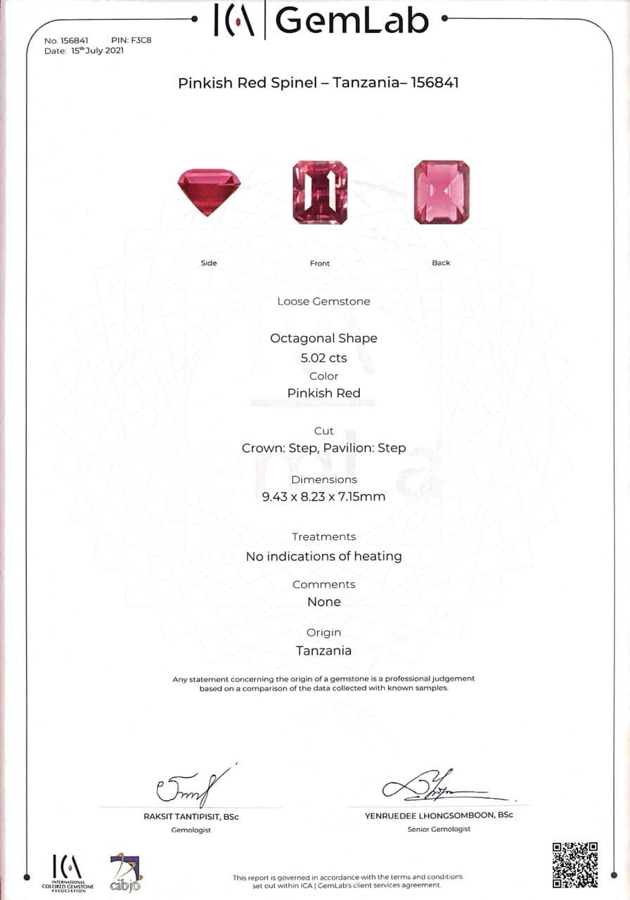 A rare pink-red spinel Mahenge to cut Octagon 5.02 carats, GRS brilliancy-type Vibrant, ICA Book Image №9