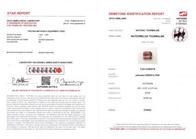 Certificate Bi-color pink and green tourmaline 3.23 ct in octagon cut, Congo