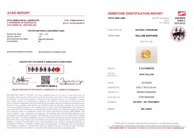 Certificate Untreated radiant cut yellow sapphire 3.13 carats, Sri Lanka