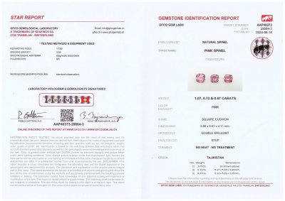 Certificate Cushion cut spinel set 1.42 carats