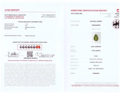 Certificate Pear cut intense green tsavorite garnet 0.81 carats, Tanzania 