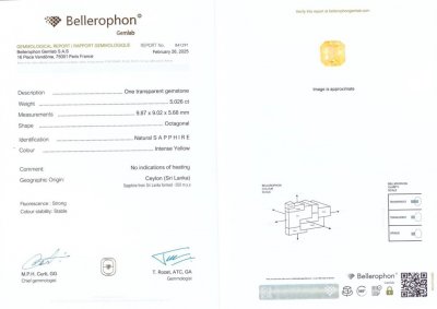 Certificate Unheated Intense Yellow sapphire in radiant cut 5.02 carats, Sri Lanka