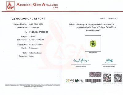 Certificate Peridot сushion сut  3.30 carats, Burma 