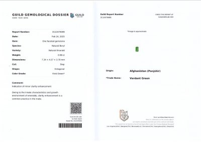 Certificate Vivid green emerald in octagon cut 0.98 carats, Panjshir