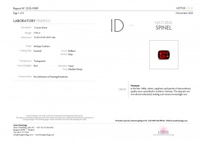 Certificate Spinel Vivid Red cushion cut  7.92 carats, Vietnam
