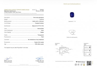 Certificate Unheated Royal Blue sapphire in cushion cut 2.52 carats, Sri Lanka