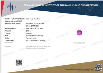 Certificate Unheated sapphire Hot Pink cushion cut 2.02 carats, Sri Lanka 