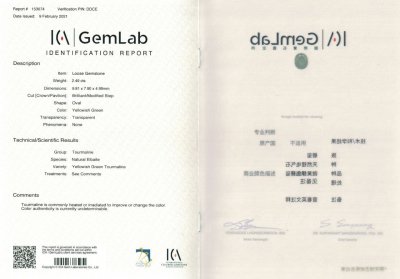 Certificate Verdelite 2.49 ct, Afghanistan