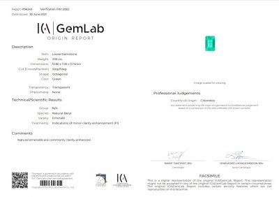 Certificate Colombian octagon emerald 3.59 ct, ICA