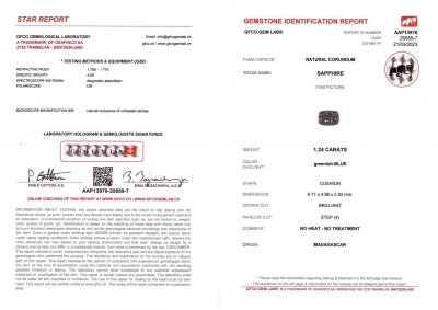 Certificate Unheated teal color sapphire 1.24 ct, Madagascar