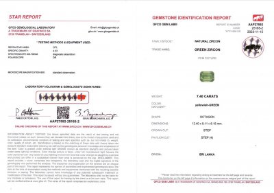 Certificate Unique natural green zircon in octagon cut 7.40 ct