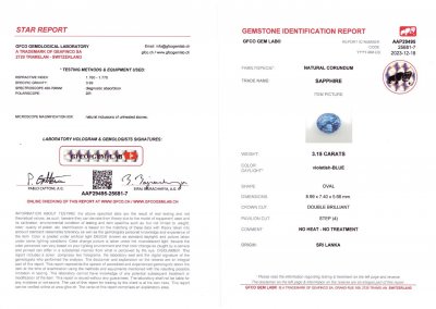 Certificate Unheated oval cut cornflower blue sapphire 3.15 ct, Sri Lanka