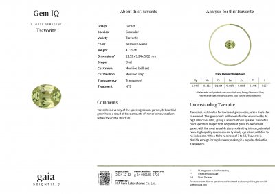 Certificate Yellowish-green oval cut grossular garnet 4.73 carats, Tanzania
