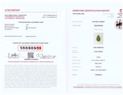 Certificate Pear cut vivid green tsavorite garnet 0.42 carats, Tanzania