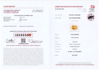 Certificate Large unheated Intense yellow sapphire in cushion cut 13.36 carats, Sri Lanka