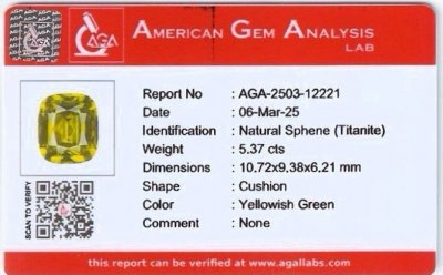 Certificate Yellow-green sphene cushion cut 5.37 carats, Madagascar