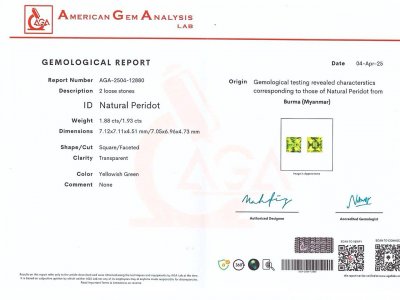 Certificate Pair of peridots in princess cut  3.81 carats, Burma 