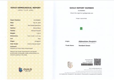 Certificate Vivid to Intense green emerald in octagon cut 1.50 carats, Panjshir