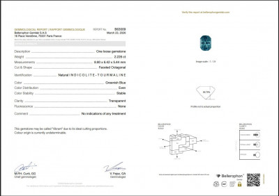 Certificate Blue Vibrant tourmaline Indicolite radiant cut 2.22 carats, Namibia